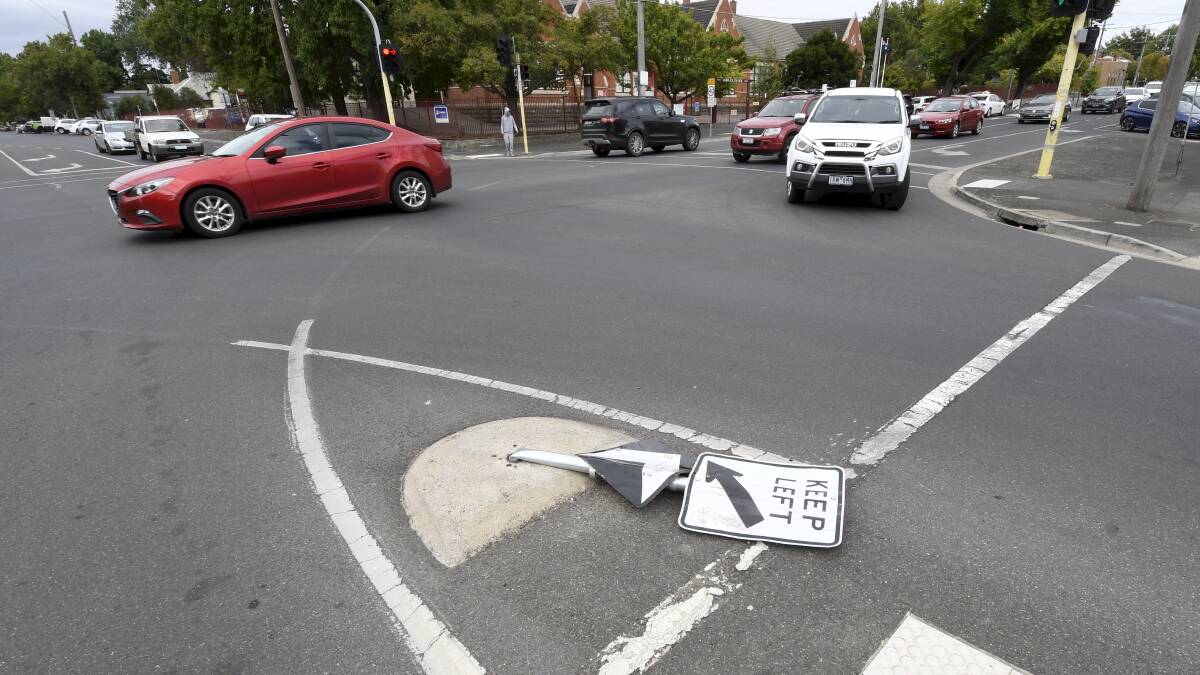 The sign at the corner of Doveton and Dana Street is believed to have been flattened 20 times in the past five years. Picture: Lachlan Bence