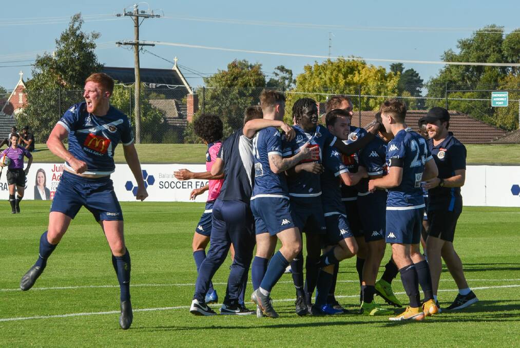 HOW GOOD: Ballarat City players celebrate a stunning upset win of NPL1 club Altona Magic. Picture: M&A Sports Photography 
