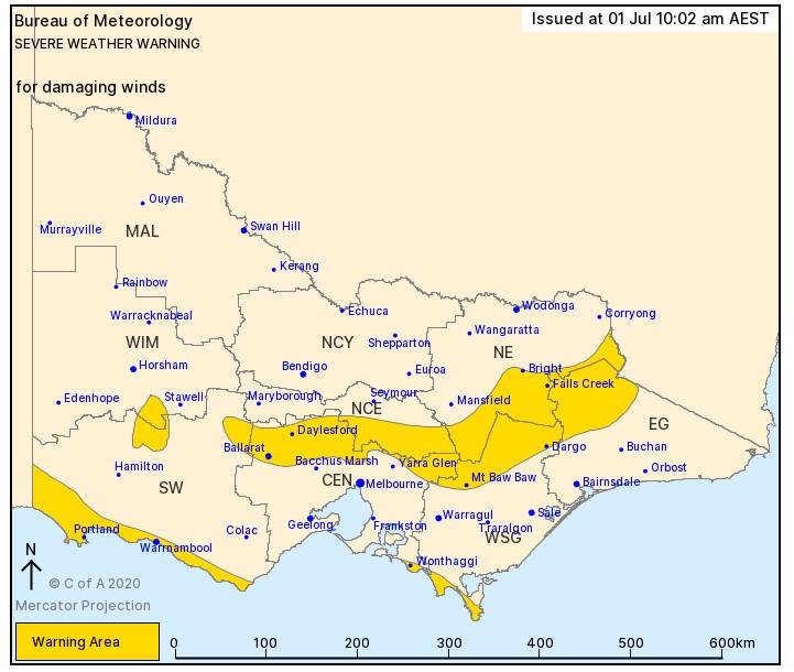 The Bureau of Meteorology has issued a severe weather warning for damaging winds across central Victoria including Ballarat.