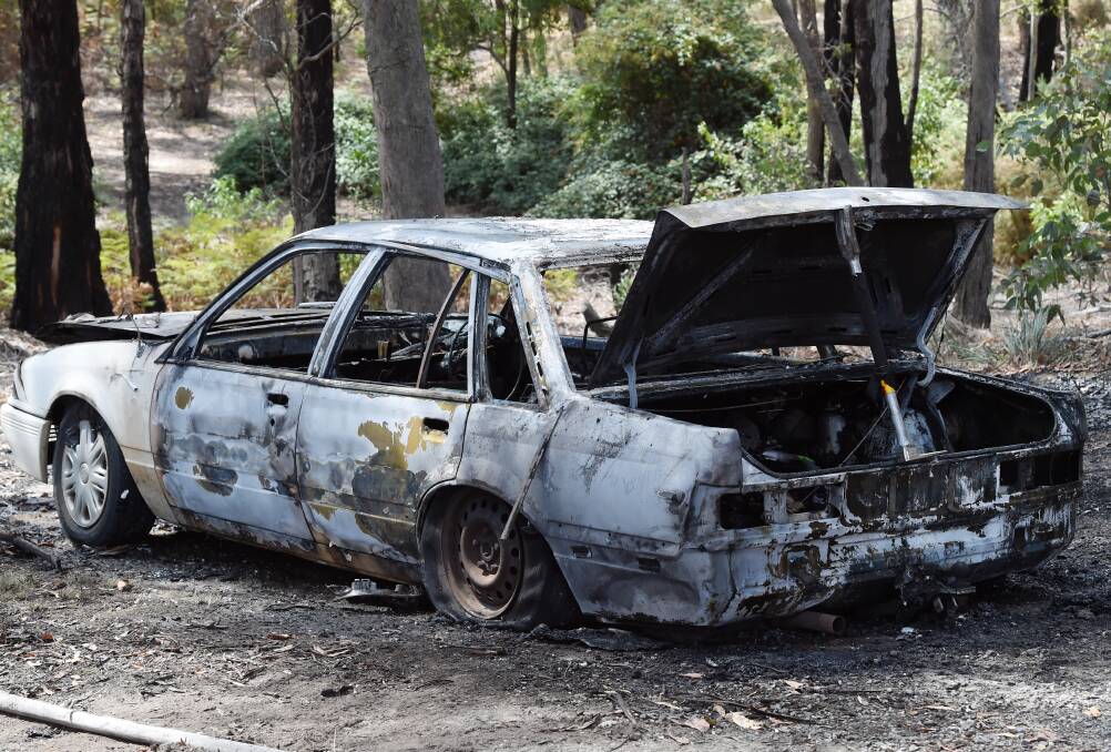 BURNED OUT: A car was torched on the outskirts of Buninyong on Friday afternoon. Picture: Kate Healy 