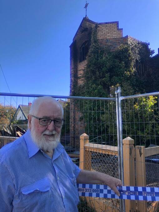 SAD DAY: President of the Mount Pleasant History Group Max Duthie at the site of Thursday's fire at the former St Luke's Anglican Church. Picture: Greg Gliddon