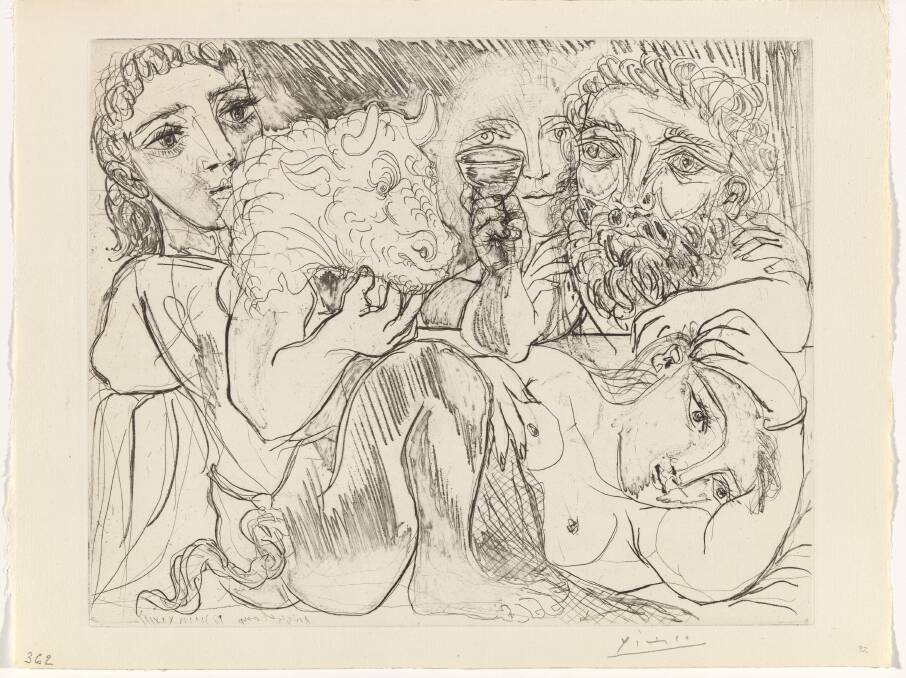 Minotaur, man drinking and women: created 18 June 1933, plate reworked probably at the end of 1934. Drypoint, etching, scraper and burin engraving National Gallery of Australia Succession Picasso.