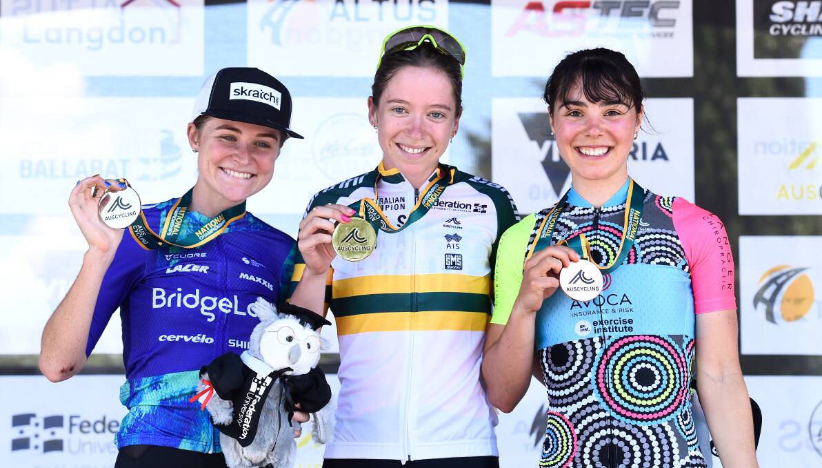 Mia Haydon (second), Ella Simpson (first) and Hannah Seeliger (third) led home the field in the under 23 women's road race. Picture by Adam Trafford