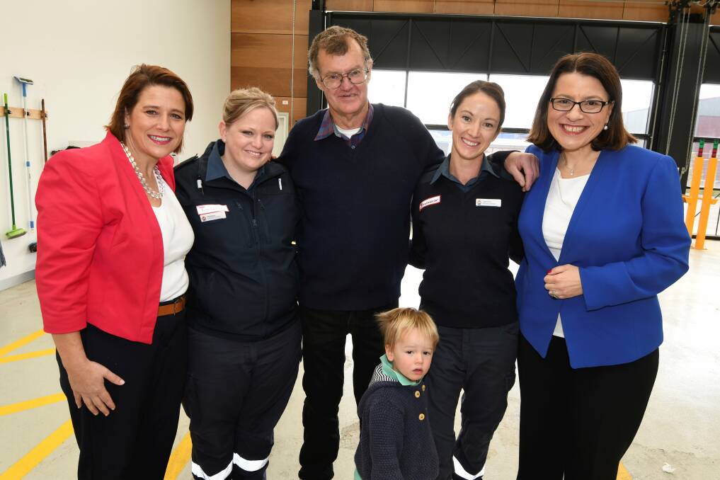 Ambulance Services Minister Jenny Mikakos (right) was in Ballarat on Friday to speak with paramedics and patients. Picture: Lachlan Bence