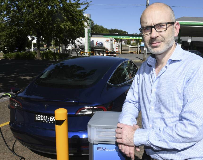 NEW HORIZONS: Buninyong's community has an electric car charger in the township. EVolution Australia director Russ Shepherd at the site. Picture: Lachlan Bence