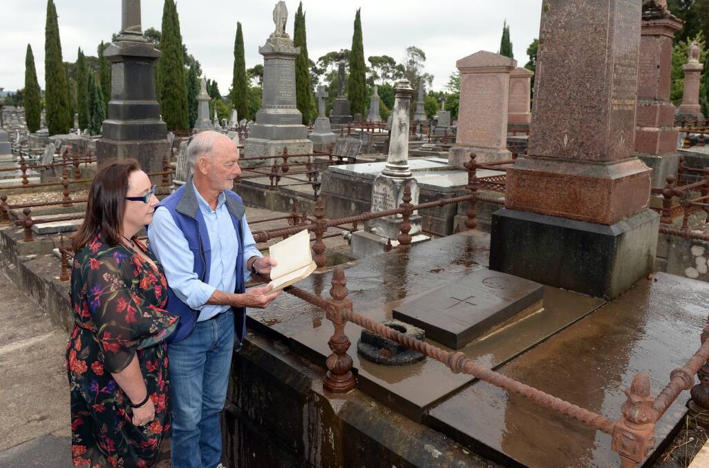 Annie De Jong (Ballarat Cemeteries CEO) and Gary Snowden at the grave of Blodwyn Williams. Picture: Kate Healy