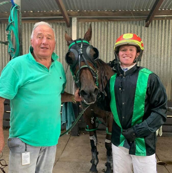 Noel Hill and James Herbertson after a win with Chief Safari. Picture: Geelong Harness Racing Club