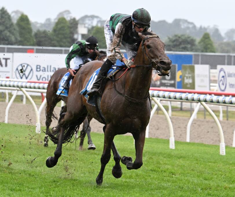 Captain Envious with jockey Michael Dee on board races away for an impressive win in the Ballarat Cup. Picture by Lachlan Bence