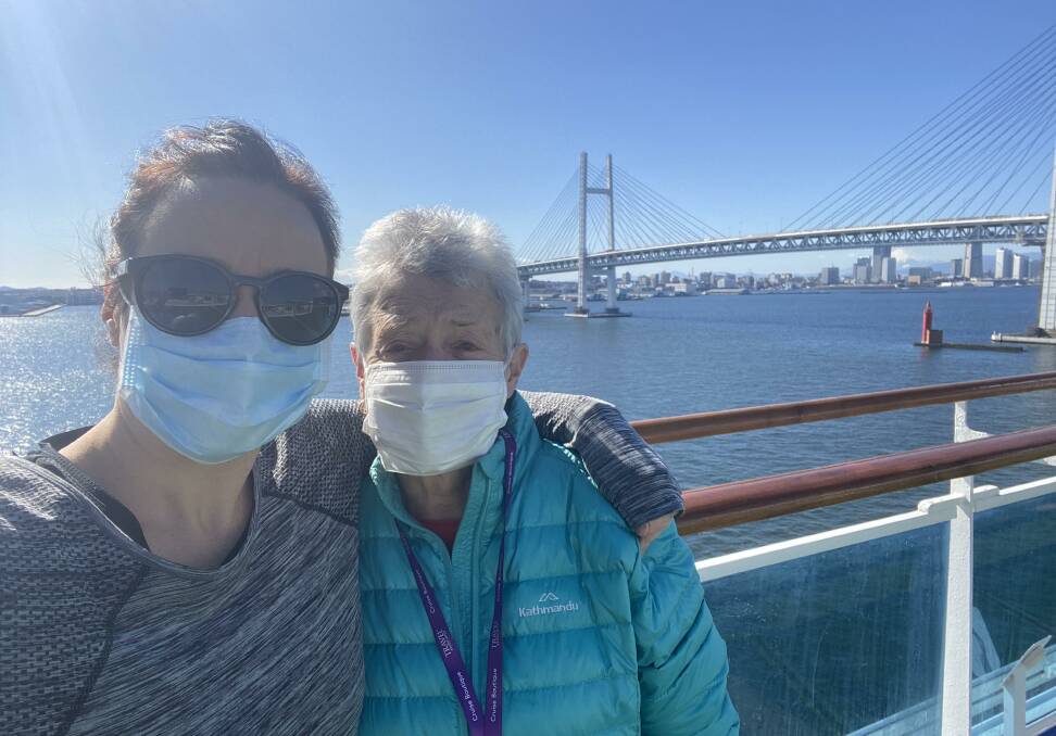 Clare and Lyn Hedger on one of their rare journeys to the deck. The mum and daughter stuck on the Diamond Princess have to wait in quarantine until February 19. Picture: Clare Hedger