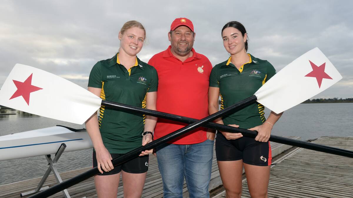 Richardson and Jackson with coach Jamie McDonald at Lake Wendouree. Picture by Kate Healy