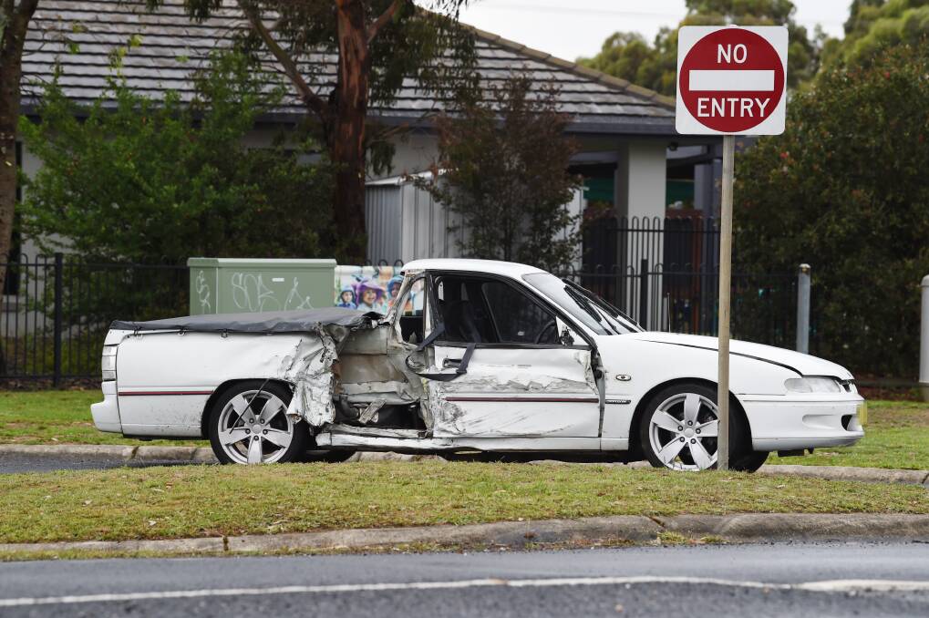 The remains of a ute involved in a two car accident in Delacombe on Friday night. Picture: Kate Healy
