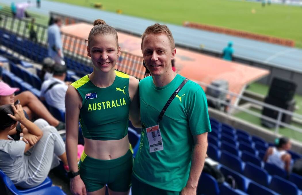 Alanna Peart with coach Jared Tallent after her seventh placing in the world under-20 championships. Picture: supplied