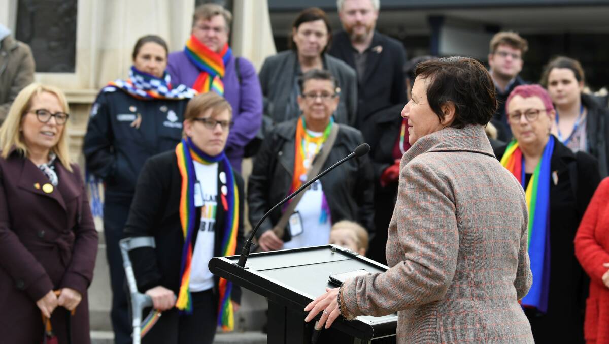 Councillor Belinda Coates speaks at the ceremony to raise the rainbow flag in Ballarat today. Picture: Lachlan Bence