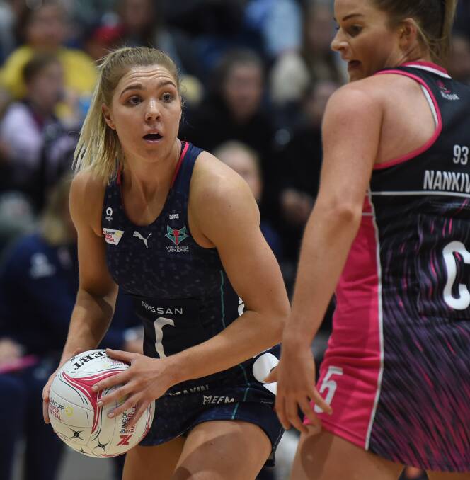 Kate Moloney of the Melbourne Vixens at the sold-out match at Selkirk Stadium in 2021. Picture by Kate Healy