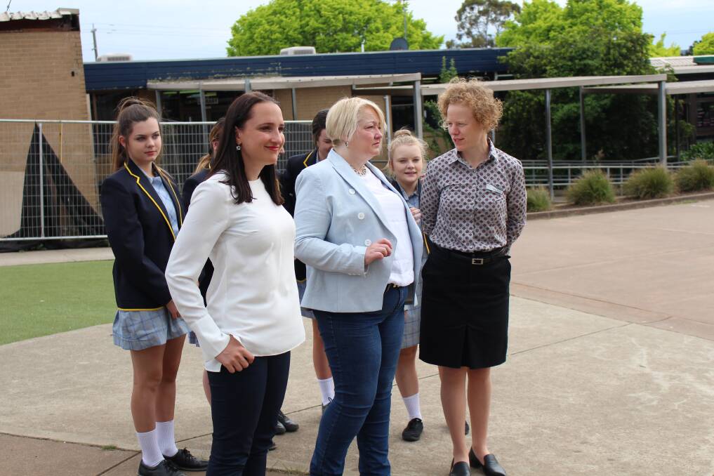 Wendouree candidate Amy Johnson and Ripon MP Louise Staley visit Mount Rowan Secondary College on Tuesday.