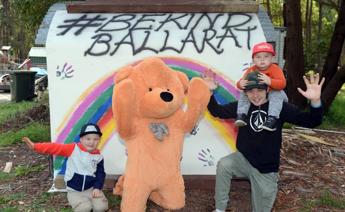 Rainbows and teddy bears, Ballarat is bringing the love for kids during the coronavirus crisis. Cooper, Mason, Tristan and Harvey. Picture: Kate Healy