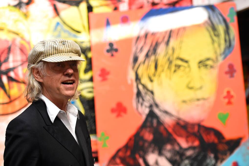 Sir Bob Geldof speaks after a painting of himself is revealed at The Stables ahead of a Committee for Ballarat round table dinner at Civic Hall on March 15,