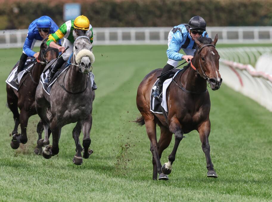 Asfoora ridden by Mitchell Aitken wins the Schillaci Stakes at Caulfield. Picture by George Sal/Racing Photos