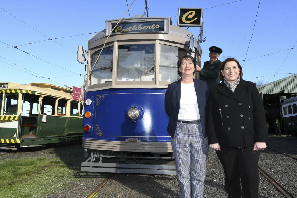 Buninyong MP Michaela Settle, Wendouree MP Juliana Addison and tram driver Chris Phillips at the announcement of two new W class trams coming to Ballarat. Picture: Lachlan Bence