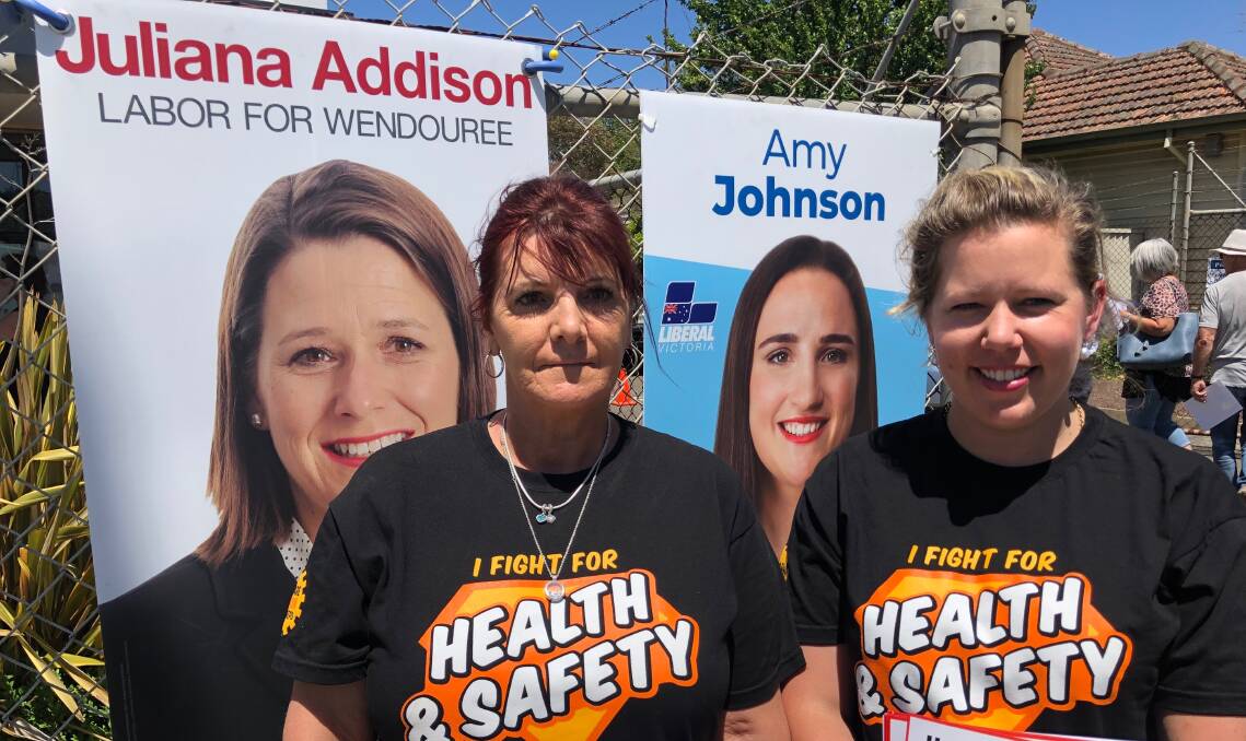 Janine Brownlee and Lana Cormie visited the Wendouree pre-polling booth to tell their story to early voters. Picture: Greg Gliddon
