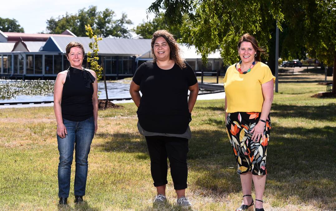 Central Ward Councillor Belinda Coates, Artist Deb Clark and Wendouree MP Juliana Addison at the launch of the Survival Day service to be held at Lake Wendouree. Picture: Adam Trafford