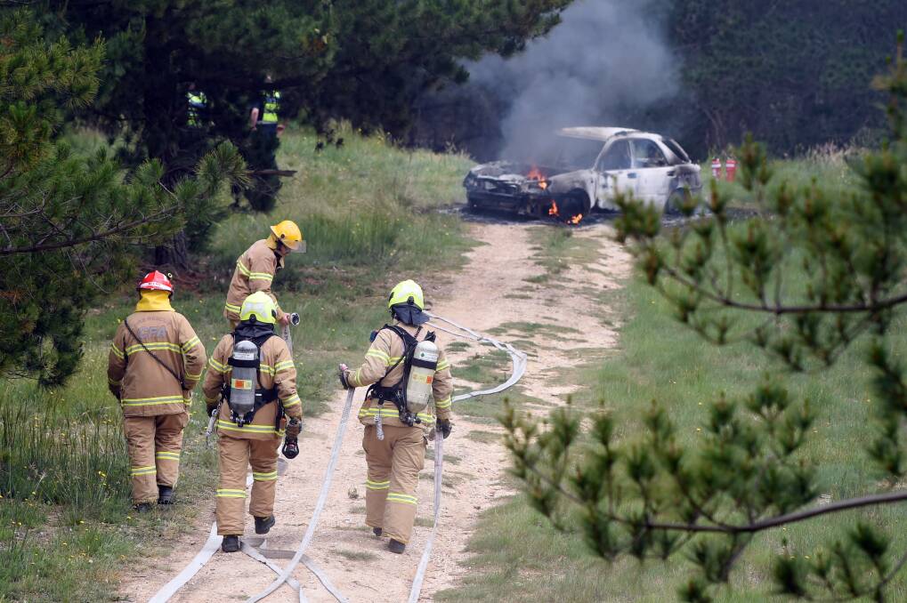 An abandoned car was set alight on Wednesday afternoon in Nerrina. Picture: Kate Healy