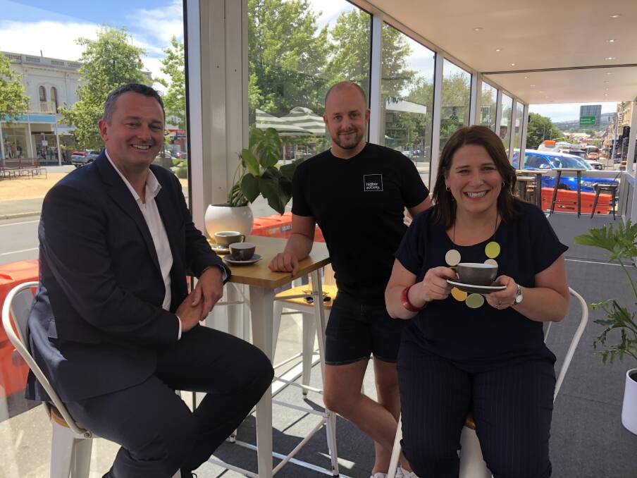 DINE OUT: Mayor Daniel Moloney, Higher Society owner Rhys Jeffrey and Wendouree MP Juliana Addison check out the new pods. Picture: Greg Gliddon