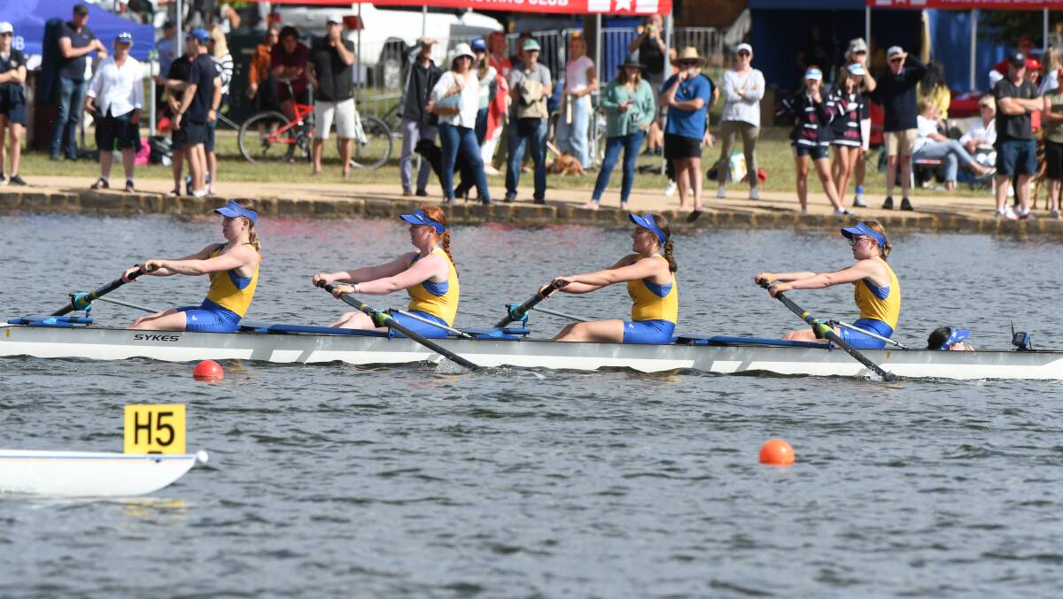 The Loreto Division 1 squad of Brooke Main, Eliza Martin, Lana Dodd, Casey Dodd, Cox: Aisling Love warm up for the Head of the Lake at the Wendouree Ballarat Rowing Club Regatta last month. Picture: Kate Healy 