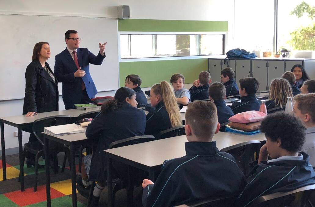 Parliamentary education secretary Tim Richardson and Wendouree MP Juliana Addison take a Q and A session at Ballarat High School on Monday after the surprise funding announcement. Picture: Greg Gliddon