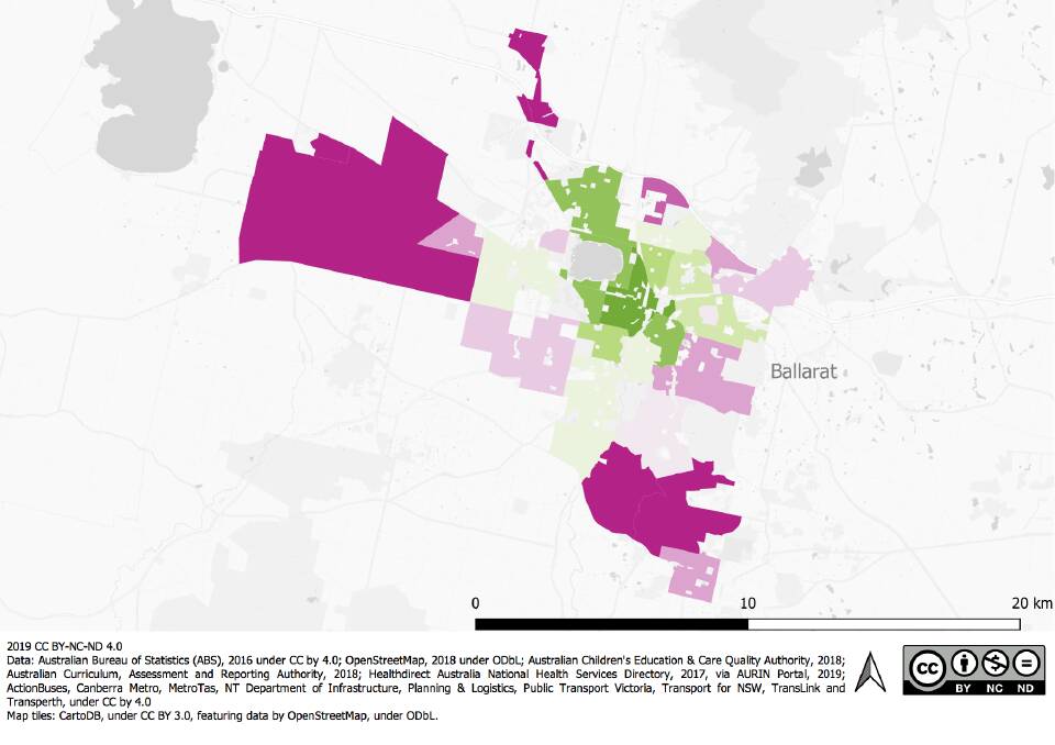 This map of Ballarat's suburbs combines six domains of liveability associated with health and wellbeing outcomes: walkability and access to social infrastructure, public transport, larger public open space, affordable housing and local employment. Areas that performed best for liveability are shaded in green, areas with lower levels of liveabilty are shaded in pink. 