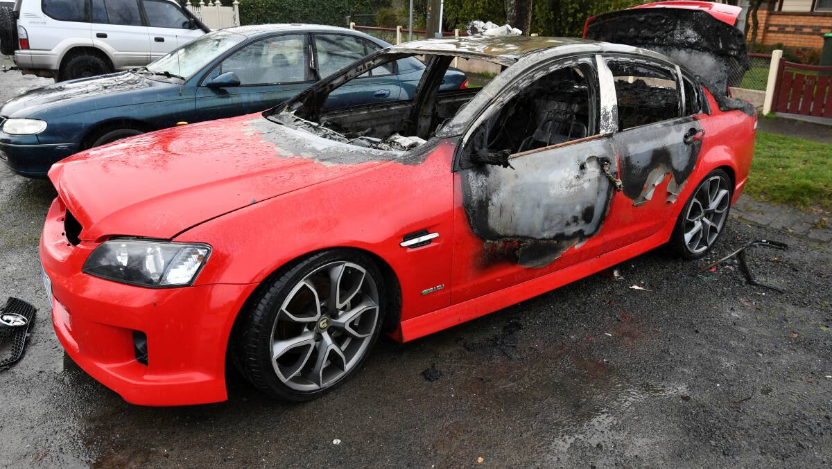 The burned out remains of the car in Talbot Street South this morning. Picture: Lachlan Bence