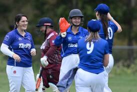 Gemma Maggi, Imogen O'Brien, Laura Hooper and Maddy Ogilvie celebrate another wicket for Golden Point Blue. Picture by Kate Healy