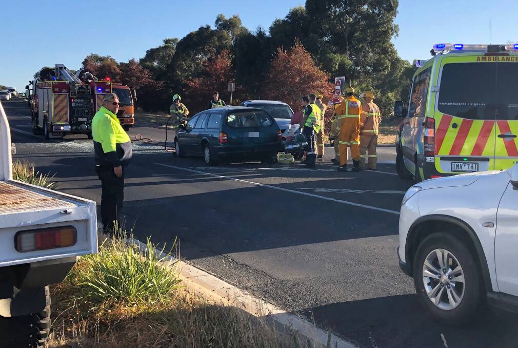 Emergency crews are on the scene of a crash at the Creswick Road and Western Freeway overpass this morning. Picture: Greg Gliddon