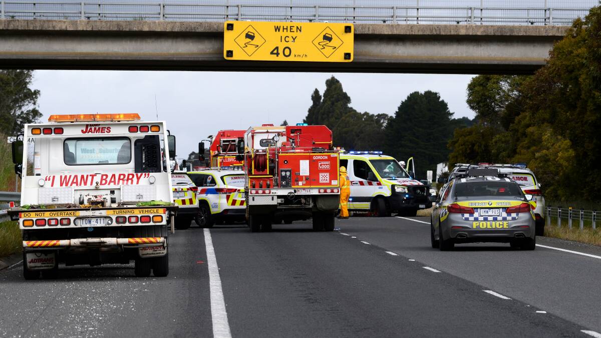 The Western Freeway was blocked for most of Saturday night while police worked out how the accident unfolded. Picture: Adam Trafford