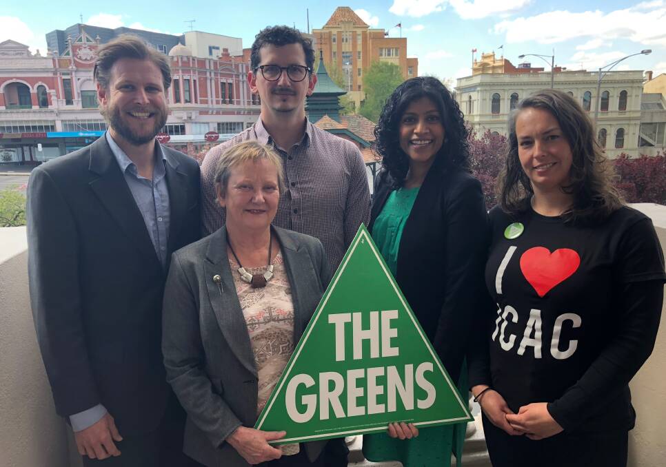 Greens candidaates Lloyd Davies (Western Region), Linda Zibell (Buninyong). Serge Simic (Ripon), state leader Samantha Ratnam and Alice Barnes (Wendouree) launched their election campaign on Saturday. Picture: Greg Gliddon