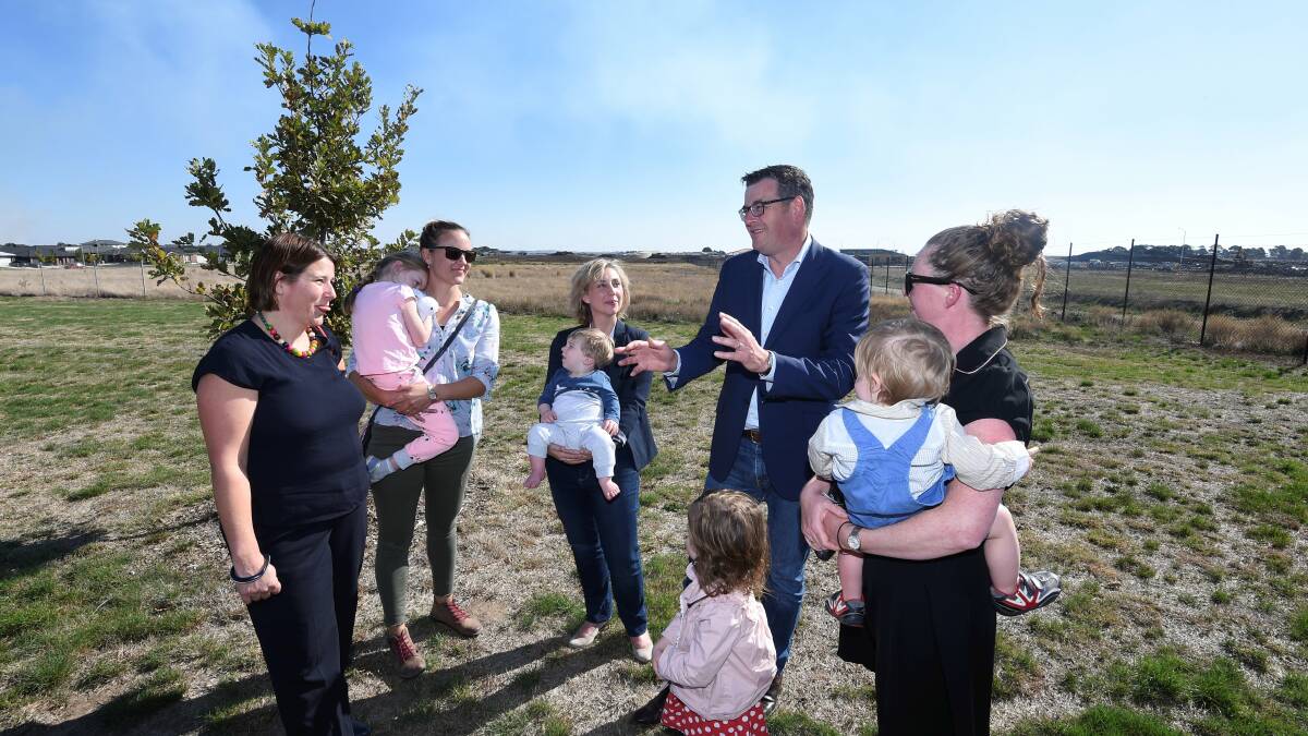 Premier Daniel Andrews with parents at the site of the new Lucas Primary School on April 20. Picture: Lachlan Bence