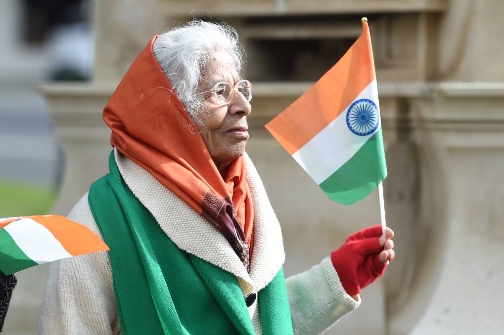 Dulari Hatwal, 83, from Ballarat was showing her pride in her homeland at the Indian Independence Day celebrations on Thursday. Picture: Kate Healy