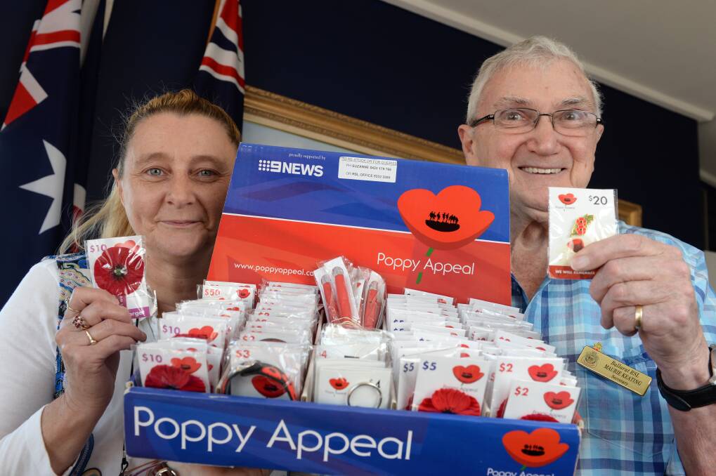Suzanne Jordan and Maurie Keating hope business will back the poppy appeal this year with volunteers unable to sell. 