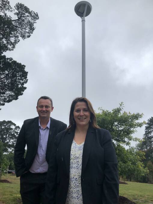 LIGHTING UP: Mayor Daniel Moloney and Wendouree MP Juliana Addison unveil the latest trial lights which have been installed around Lake Wendouree. Picture: Greg Gliddon