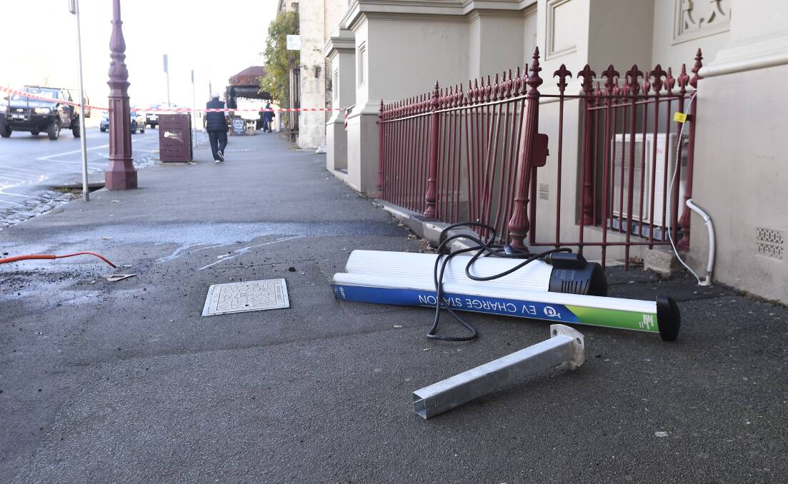 A car took out an electrical charging station out the front Daylesford Town Hall. Picture: Adam Trafford