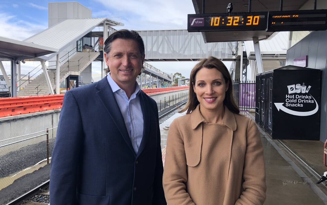 ON TIME: Regional Rail Revival Director Mark Havryluk and the Department of Transport's Georgia Main inspected works at Wendouree Station on Friday morning. Picture: Greg Gliddon