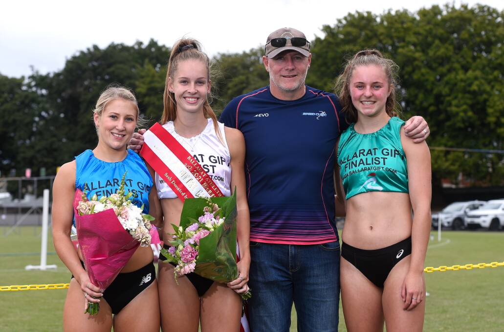 Teammate Taylah Perry, Zoe Neale, coach Shane McKenzie and Zoe Glassborow after the Women's Gift. Picture: Adam Trafford