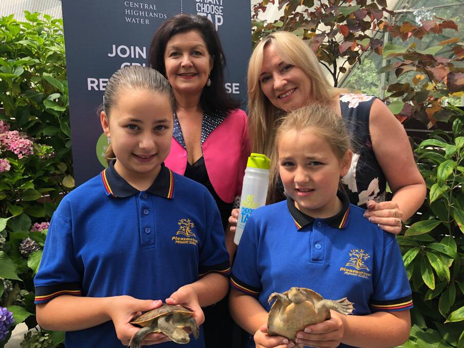 TURTLE TIME: Chiara, 11, and Samantha, 8, (front) with Mayor Samantha McIntosh and Central Highlands Water's Jacqui O'Neill. Turtles will form a centrepiece of the Begonia Festival. Picture: Greg Gliddon