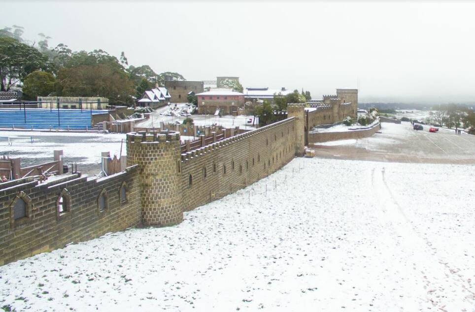 Snow over Kryal Castle. Picture: courtesy Skyline Drone Imaging