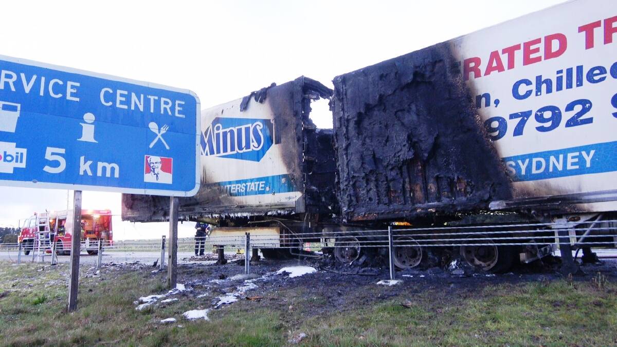 The truck which caught fire on the side of the Western Freeway this morning. Picture: 4KTV