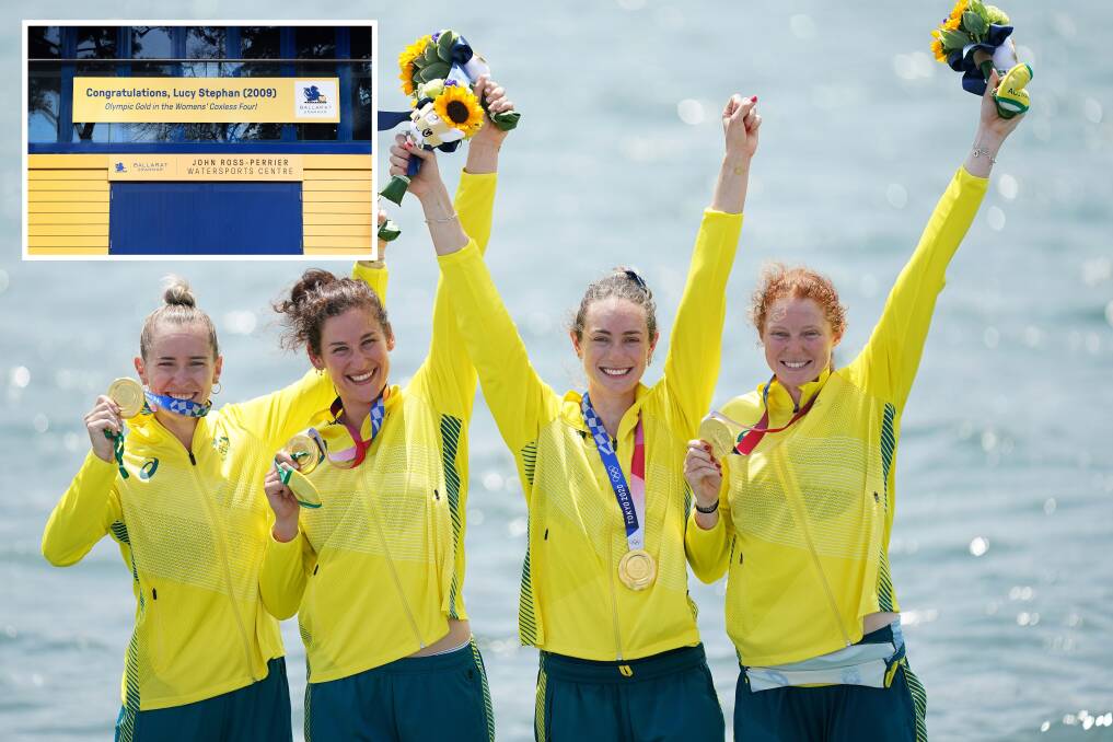 Stephan (far left) and her gold medal winning coxless four crew on the podium in Tokyo. The new plaque (inset) at the Ballarat Grammar shed. Main picture: AAP Image/Mike Egerton