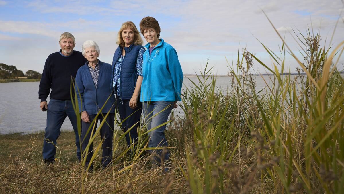Lake Burrumbeet residents are concerned for their safety during duck season. Pictured are Neville Oddie, Margaret Moodie, Wendy Shedden and Susan Moodie. Picture: Luka Kauzlaric