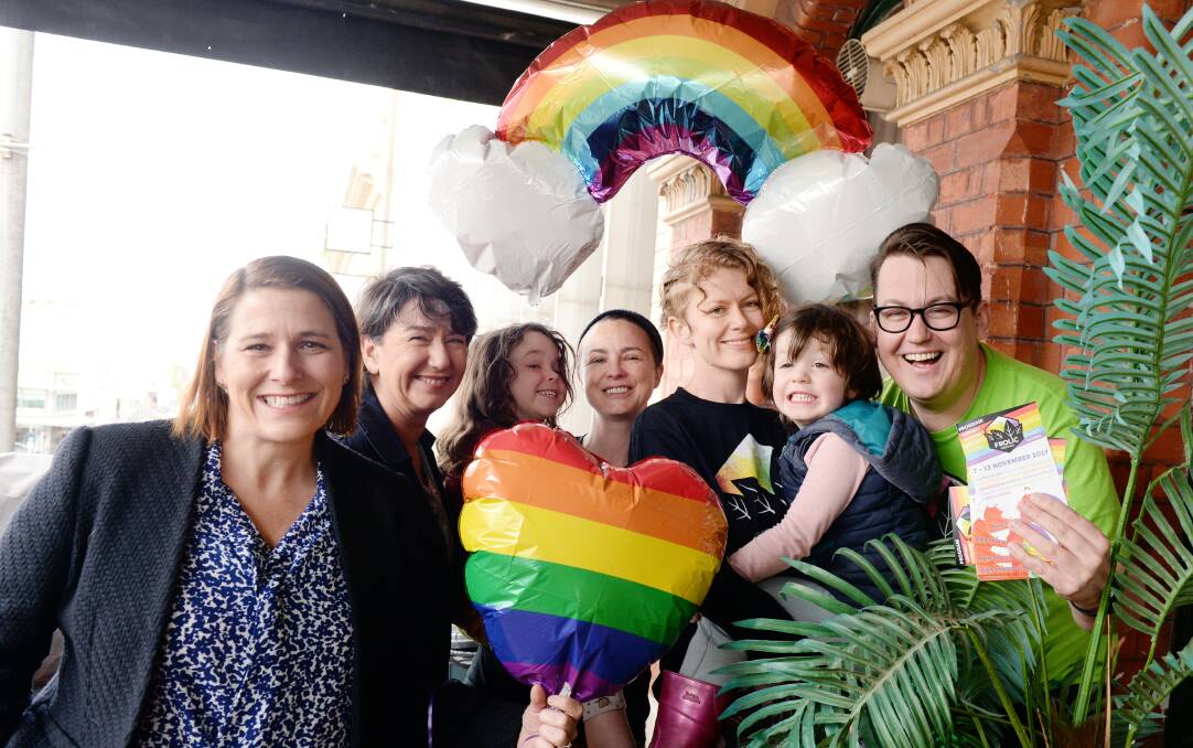 RAINBOW HIGH: Wendouree MP Juliana Addison, Buninyong MP Michaela Settle, Renee Jennings, Emmylou, 5, Sarah Hart, Monty, 5, and Jay Morrison at the announcement of almost $20,000 funding for the Frolic Festival. Picture: Kate Healy