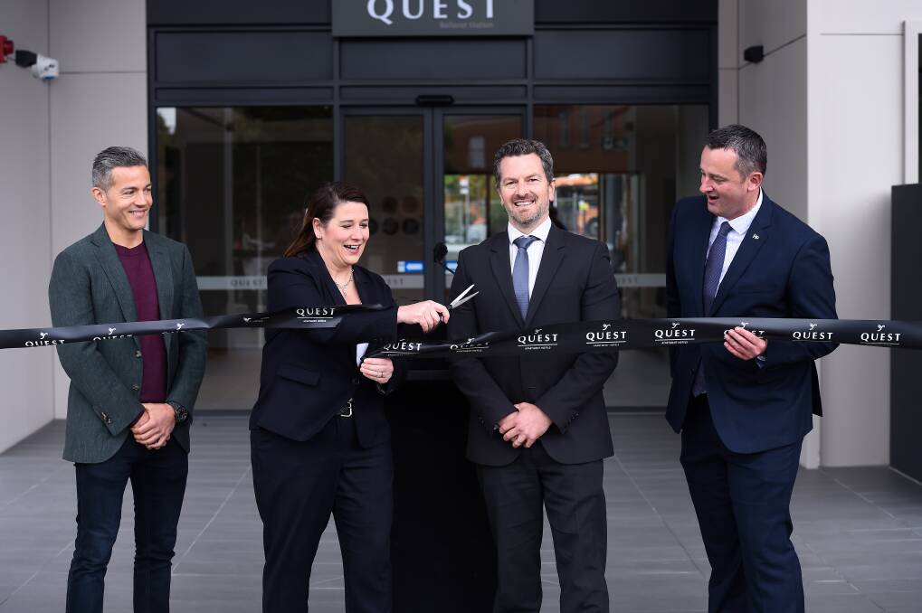 CUT ABOVE: Wendouree MP Juliana Addison officially opened the new Quest Apartments at Ballarat Station, with developer Nando Pellicano, Quest's James Shields and Ballarat mayor Daniel Moloney watching on. Picture: Adam Trafford 
