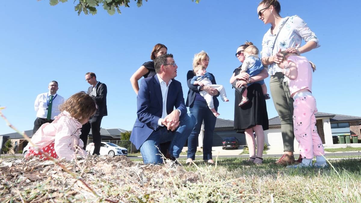 Premier Daniel Andrews meets future parents at the site of the new Lucas Primary School which is scheduled to open in term one 2020. Picture: Lachlan Bence